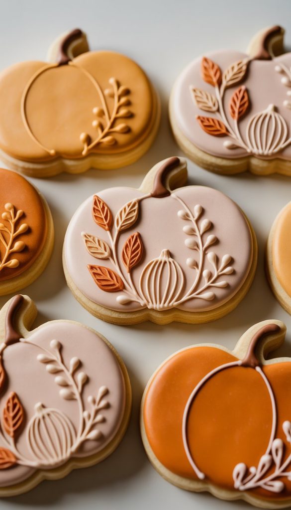 Pumpkin-shaped cookies decorated with fall-themed icing designs, featuring orange and pale pink colors with intricate leaf and floral patterns.