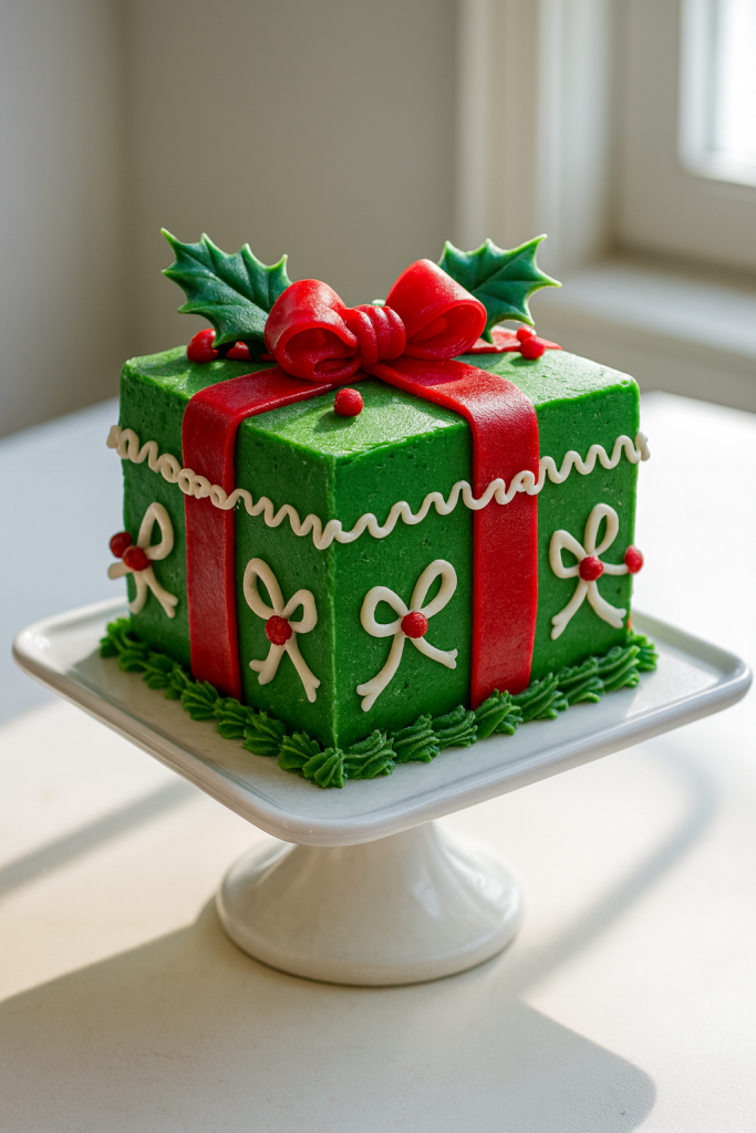 A square cake decorated to resemble a Christmas gift, with green icing and red ribbon detailing, topped with a red bow and holly leaves, placed on a white cake stand.