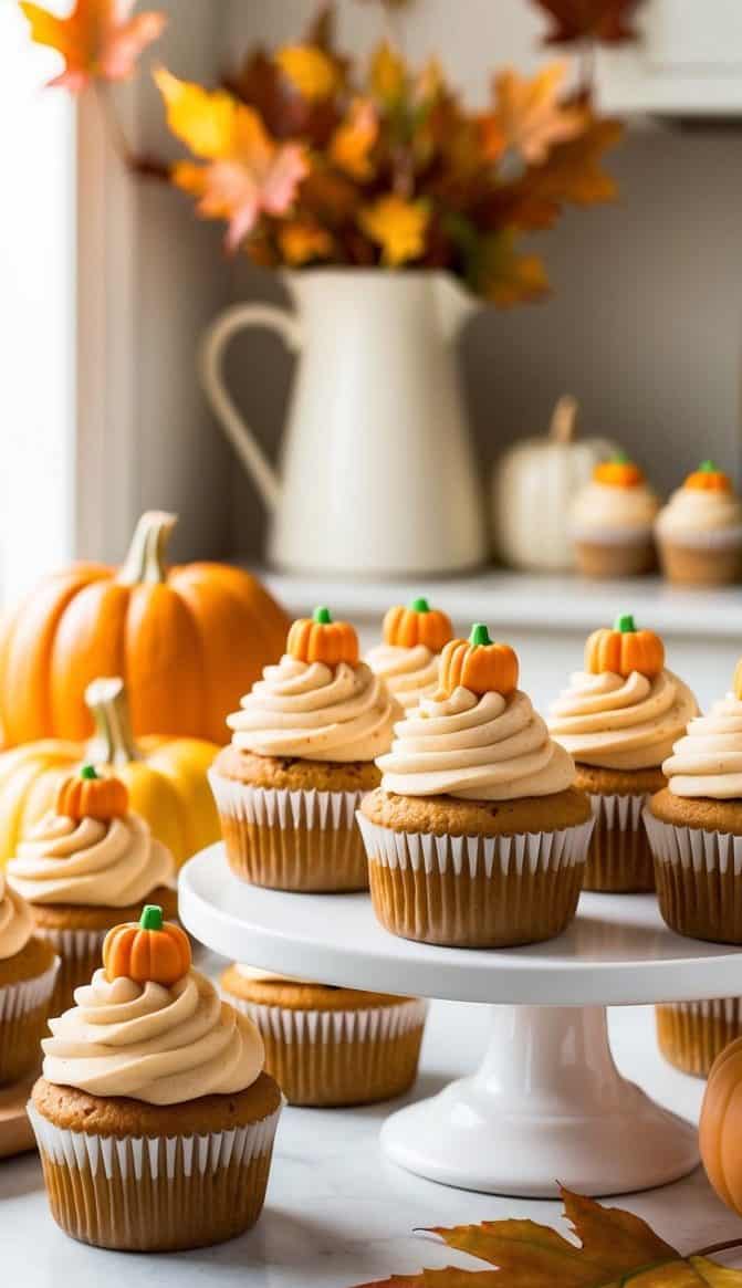 A cozy kitchen scene with a batch of freshly baked cupcakes topped with pumpkin spice cream cheese frosting. Fall leaves and warm colors evoke the beauty of autumn