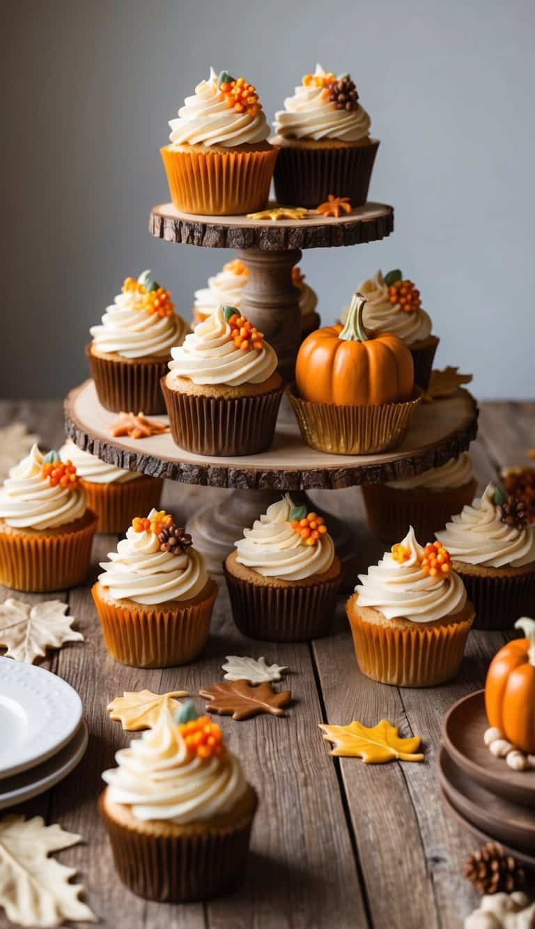 A rustic wooden table adorned with fall-themed cupcakes, featuring warm hues and decorative elements inspired by the season