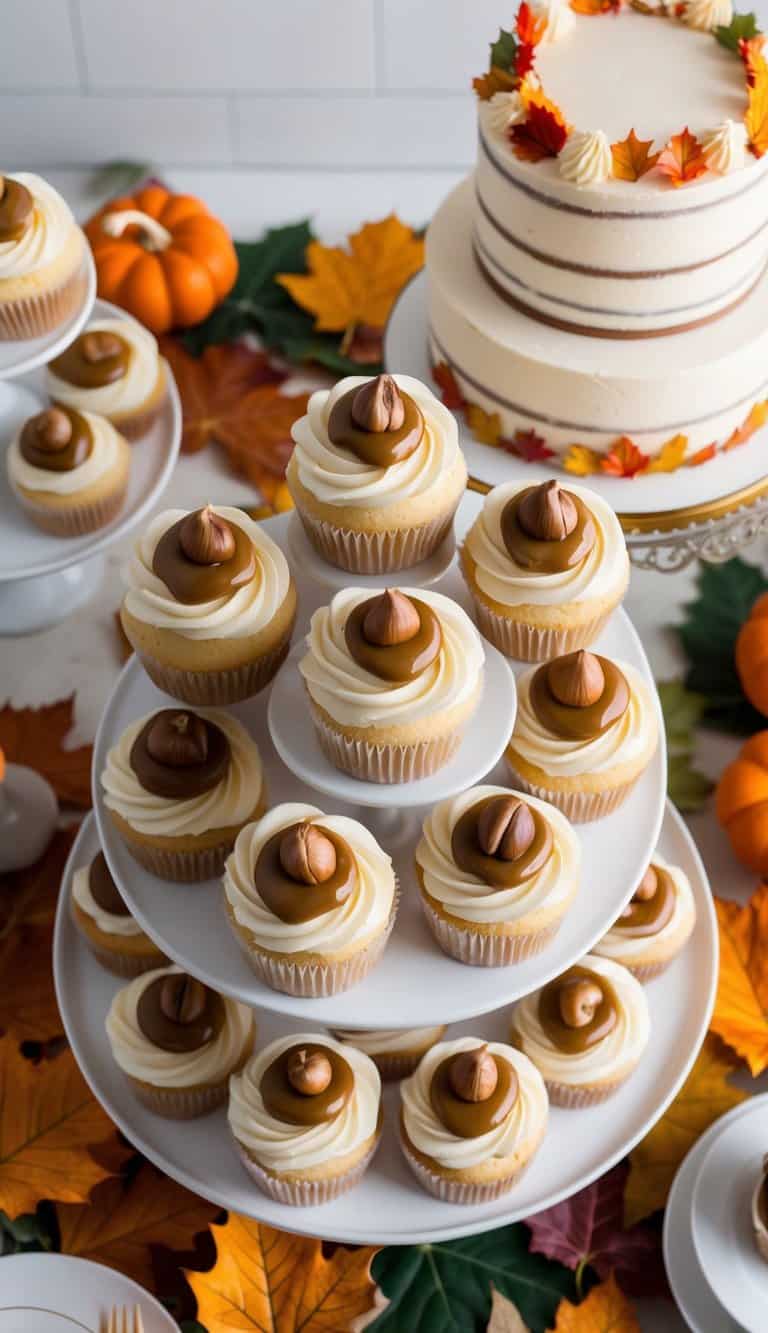 A table adorned with autumn-themed cupcakes topped with white chocolate and chestnut ganache, surrounded by colorful leaves and seasonal decorations