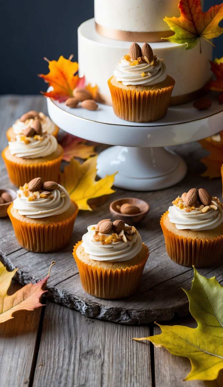 A rustic wooden table adorned with fall-themed cupcakes topped with amaretto and roasted almonds, surrounded by colorful autumn leaves