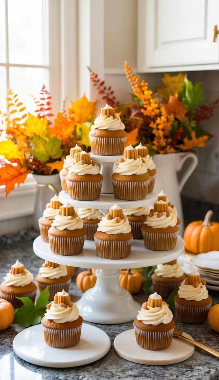 A cozy kitchen counter adorned with fall-themed cupcakes, featuring butterscotch chips and cinnamon, surrounded by colorful autumn foliage