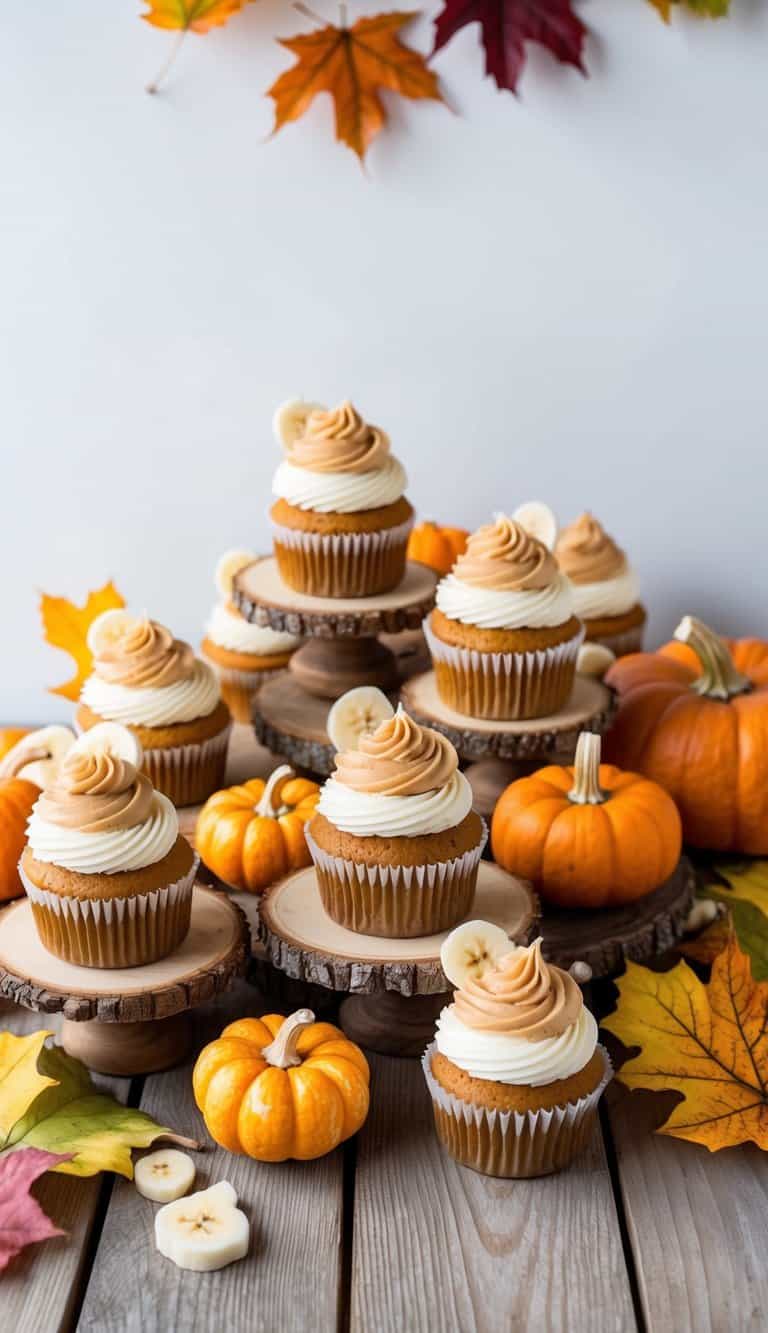 A rustic wooden table adorned with fall-themed cupcakes topped with peanut butter and banana frosting, surrounded by colorful autumn leaves and pumpkins