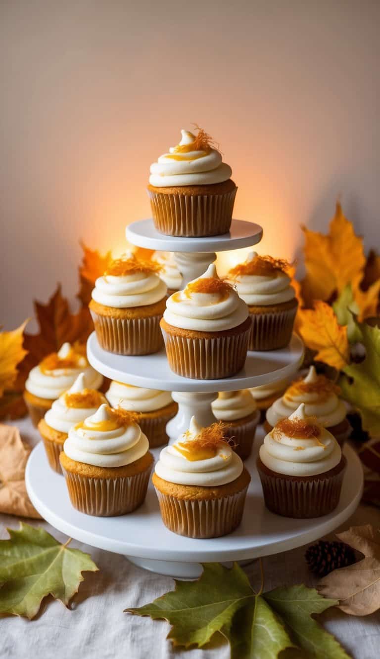 A table adorned with fall-themed cupcakes, each topped with almond milk and saffron glaze, surrounded by autumn leaves and warm lighting