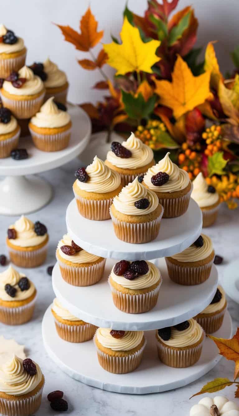 A batch of cupcakes adorned with rum-soaked raisins, surrounded by colorful fall foliage and seasonal decorations