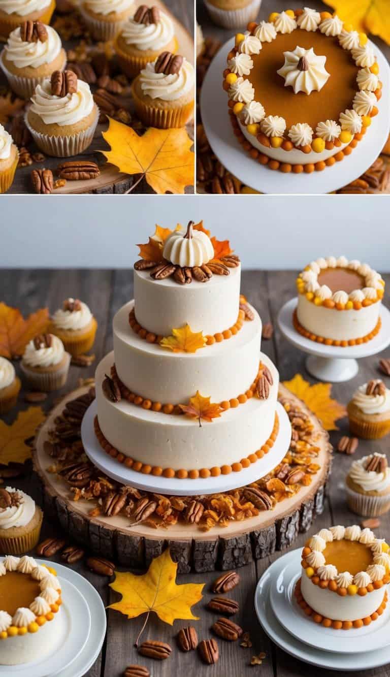 A rustic wooden table adorned with pecans, caramelized sugar, and autumn leaves, surrounded by fall-themed cupcake decorations