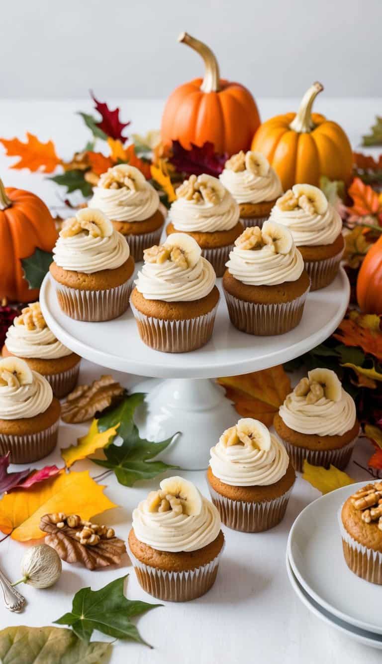 A table adorned with fall-themed cupcakes, topped with banana walnut delights, surrounded by colorful leaves and seasonal decorations