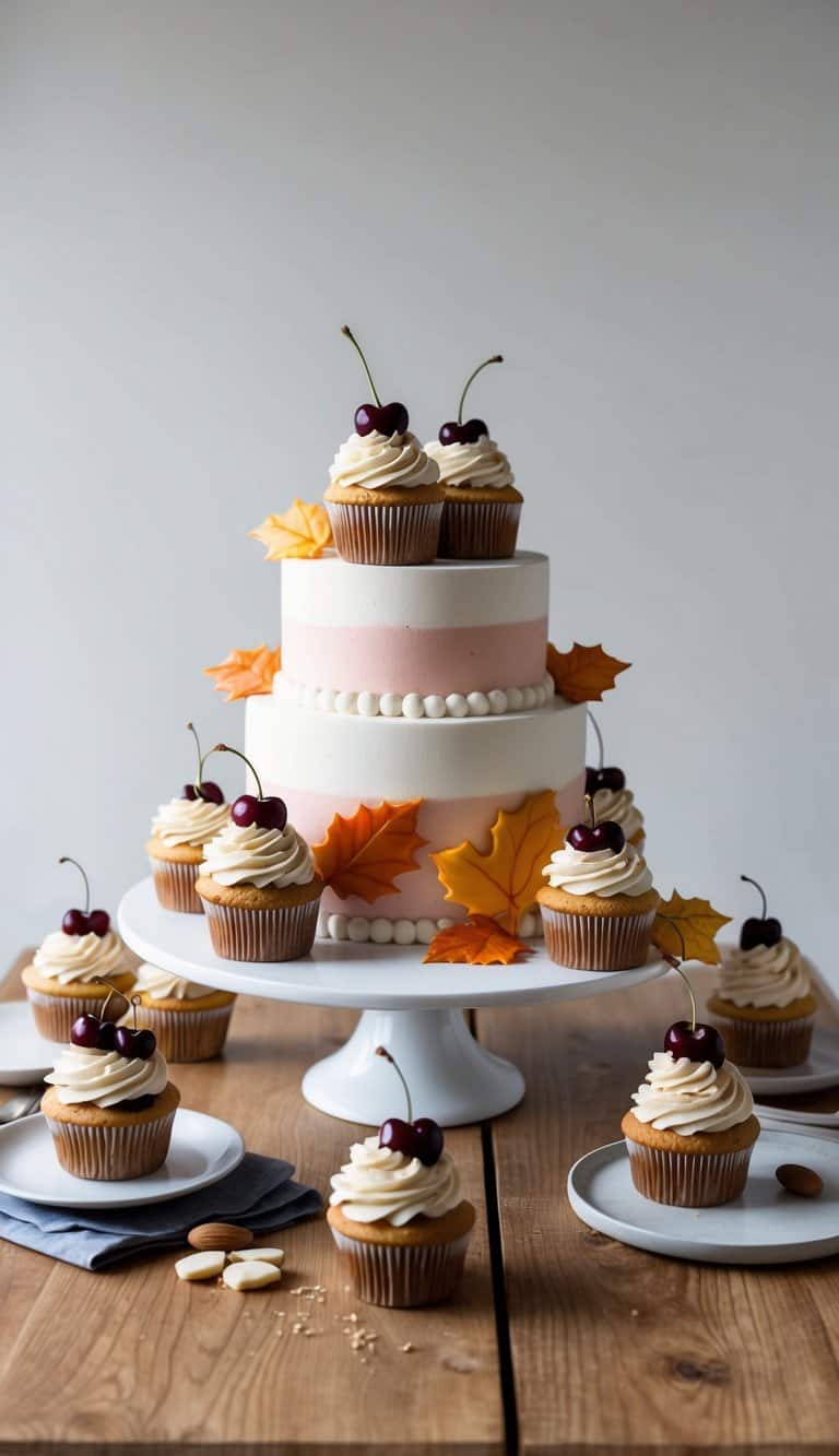 A wooden table adorned with fall-themed cupcakes, featuring cherry and almond extract