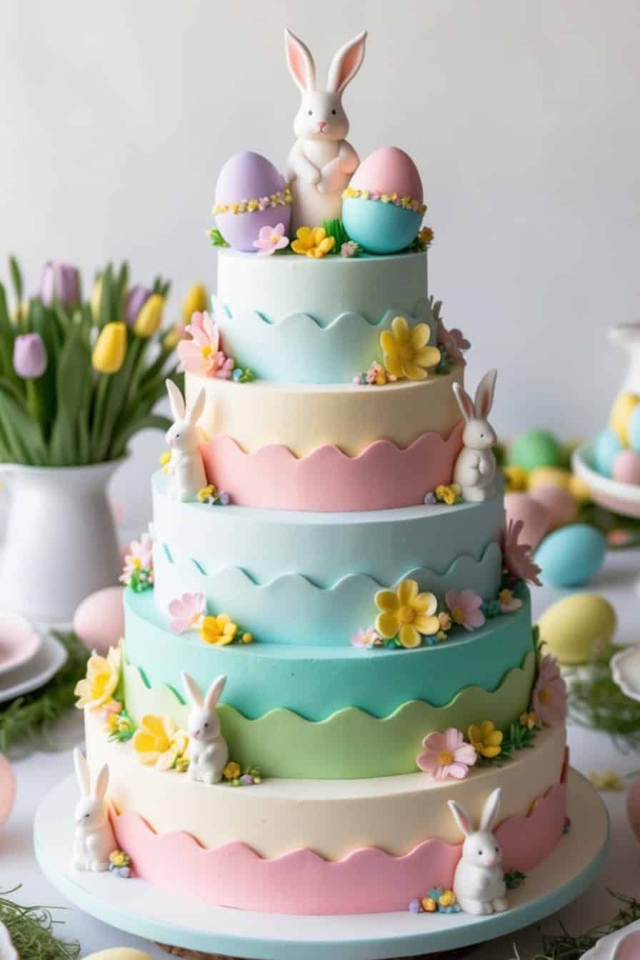 A multi-tier pastel cake decorated with bunnies, eggs, and flowers, featuring a rabbit and two colorful eggs on the top tier, with tulips in the background.