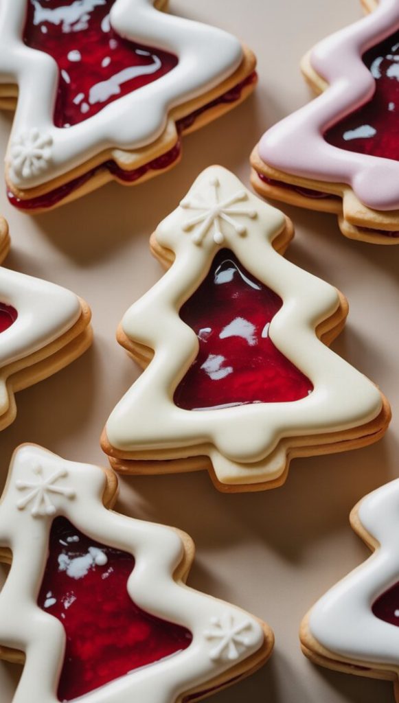 Christmas tree-shaped cookies with white icing and red jam filling, decorated with snowflake patterns, arranged on a light surface.