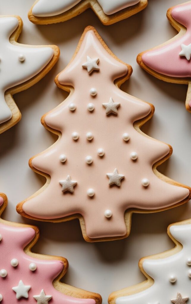 Christmas tree-shaped cookies decorated with pink frosting, white pearl icing dots, and small white star decorations, surrounded by similar cookies with different frosting colors.