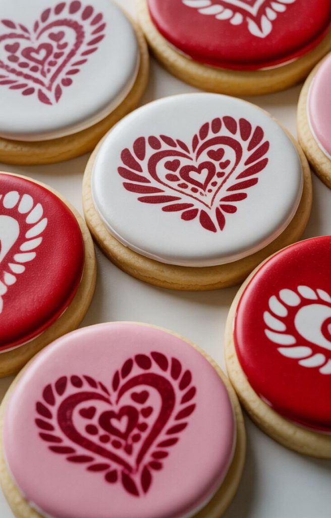 A collection of round cookies decorated with red, white, and pink icing, each featuring a heart design with intricate, stylized patterns.