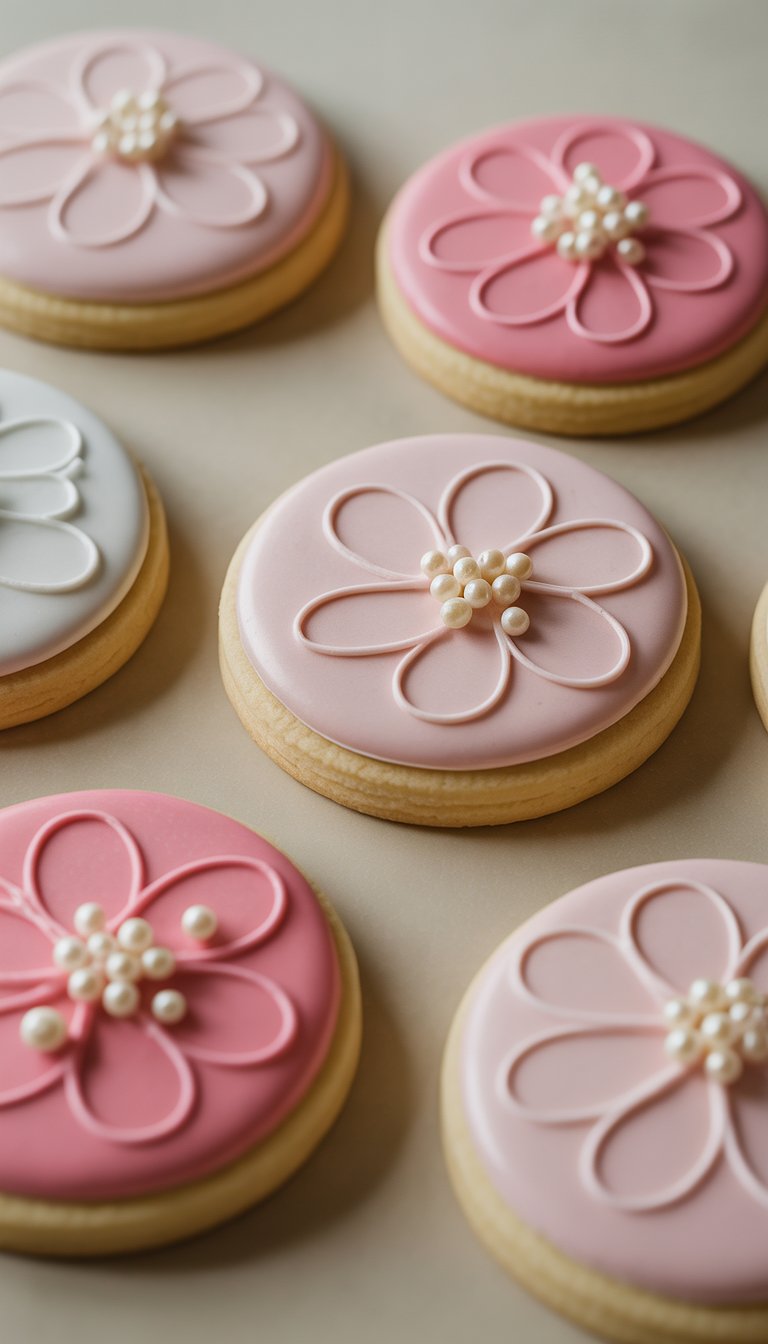 Closeup of several decorated sugar cookies with flower designs and pearl sprinkles on a clean background.