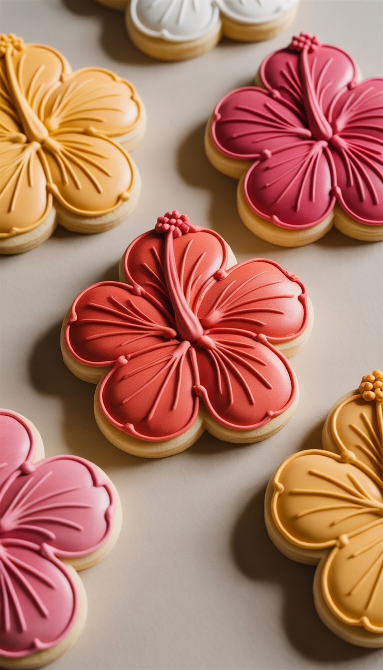 Closeup view of several hibiscus flower-shaped sugar cookies with colorful icing on a clean background.