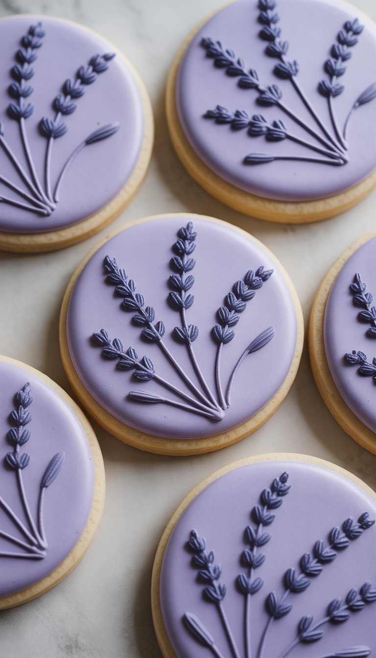 Closeup of several sugar cookies decorated with purple lavender flower designs on a clean background.