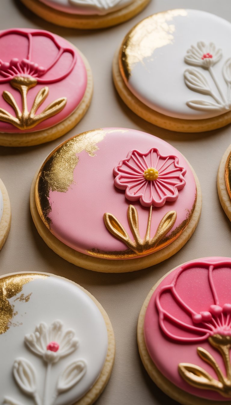 Closeup of several decorated sugar cookies with floral designs and gold leaf accents arranged on a clean background.