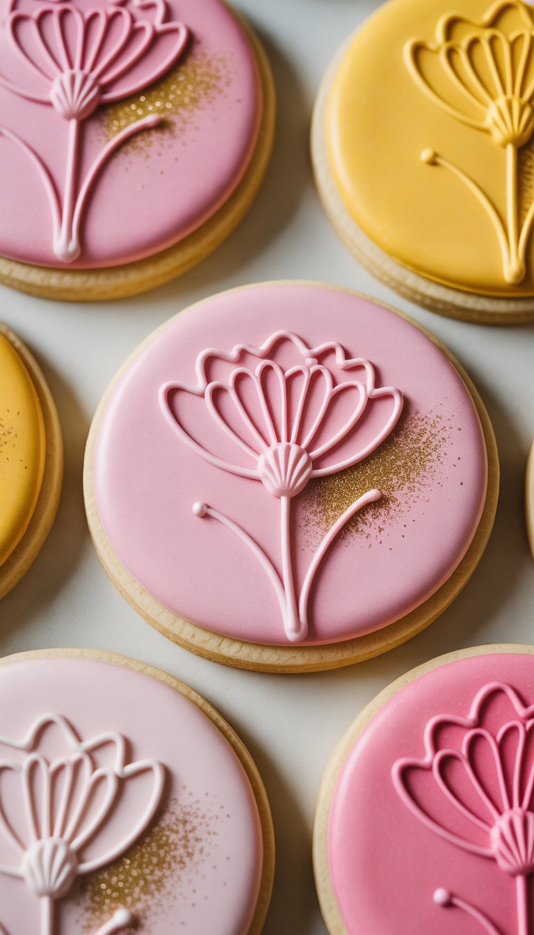 Closeup of several decorated sugar cookies with floral designs and shimmering edible dust on a plain background.