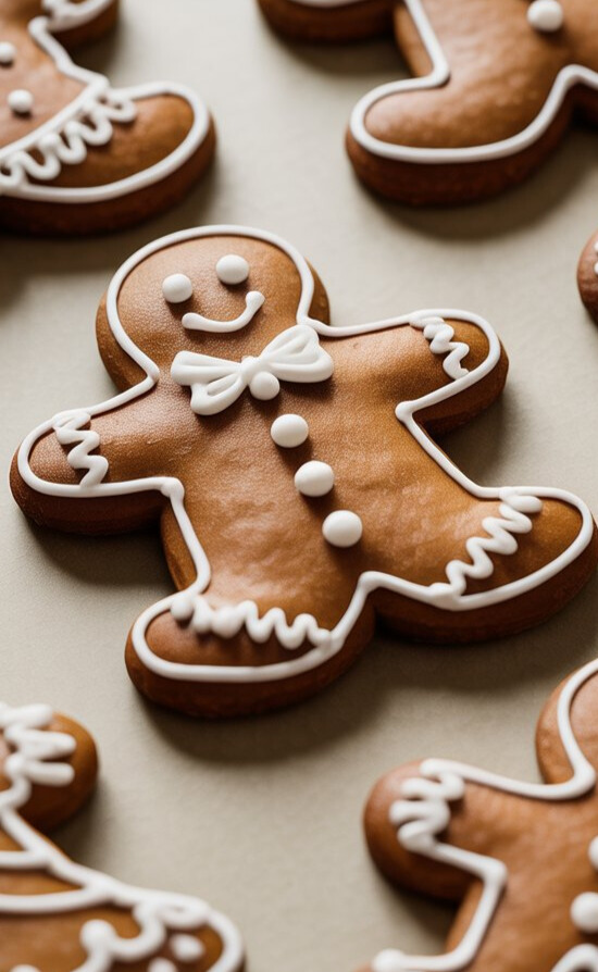Gingerbread cookies shaped like people, decorated with white icing to form faces, buttons, and details.