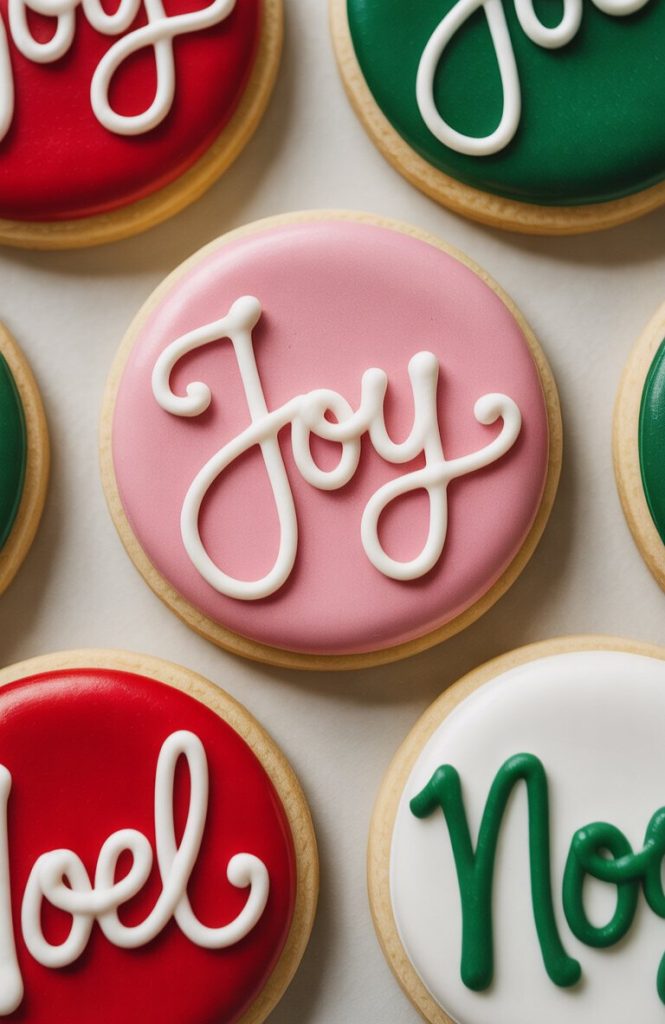 Round cookies decorated with colorful icing, featuring the words 'Joy' and 'Noel' in festive fonts on different colored backgrounds, including pink, red, and green.