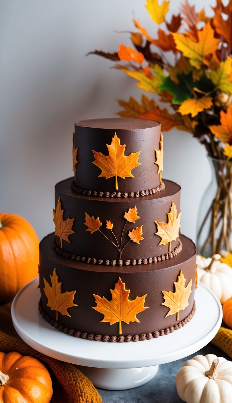 A chocolate cake adorned with maple leaf decorations, surrounded by colorful autumn foliage and pumpkins