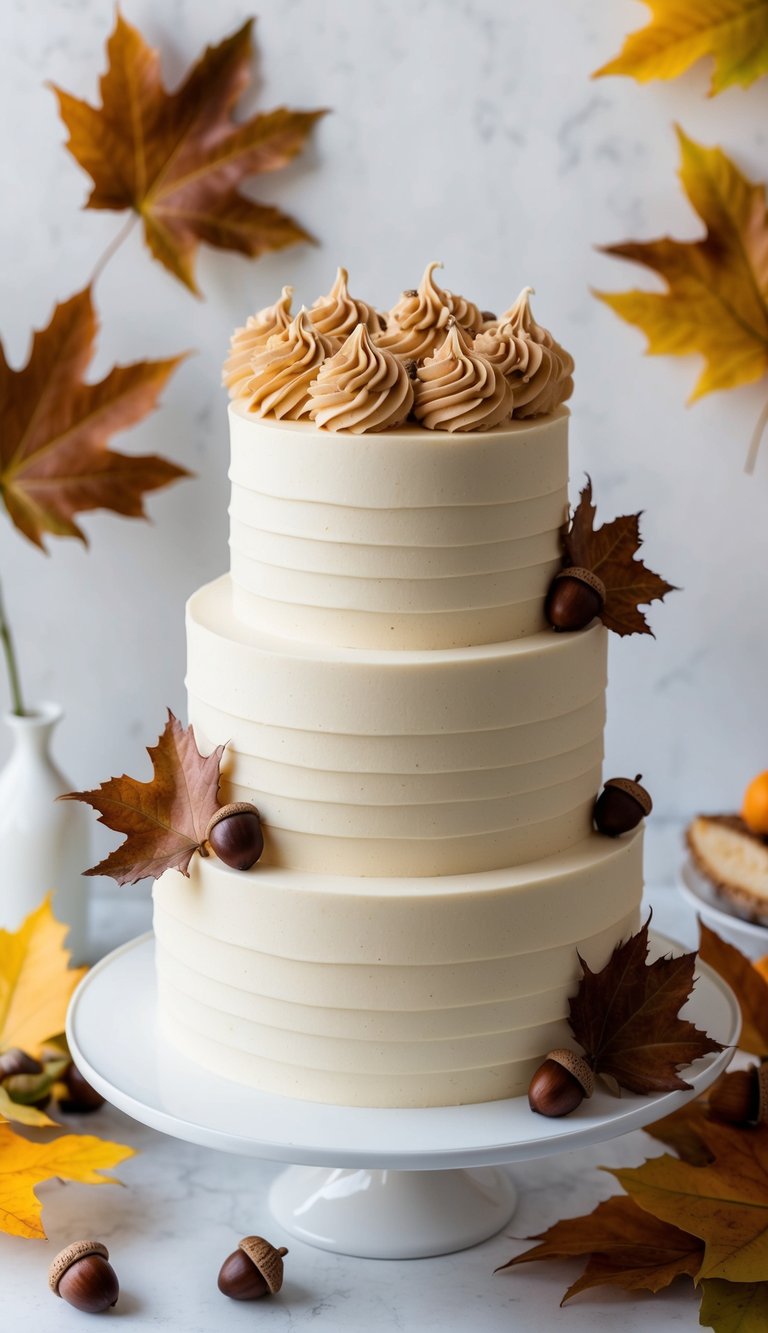 A cake adorned with hazelnut buttercream swirls, surrounded by autumn leaves and acorns