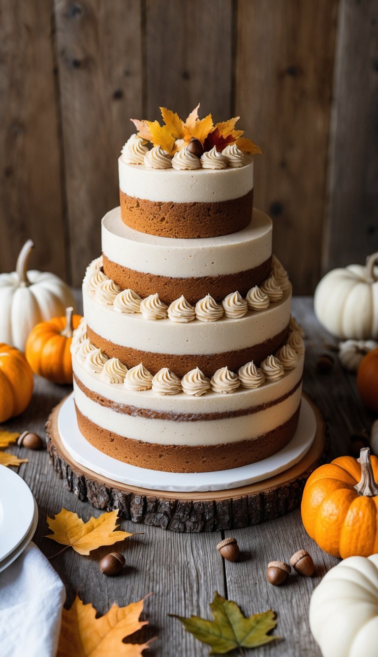 A rustic wooden table adorned with layers of nutmeg sponge cake, surrounded by autumn-inspired decorations such as leaves, pumpkins, and acorns