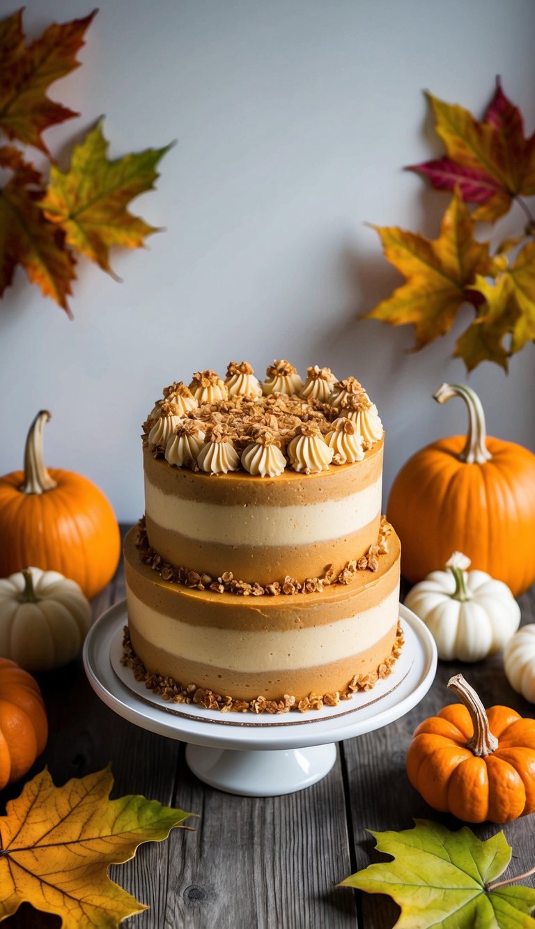 A rustic wooden table adorned with a rich, golden cake topped with toffee crunch and surrounded by vibrant autumn leaves and pumpkins