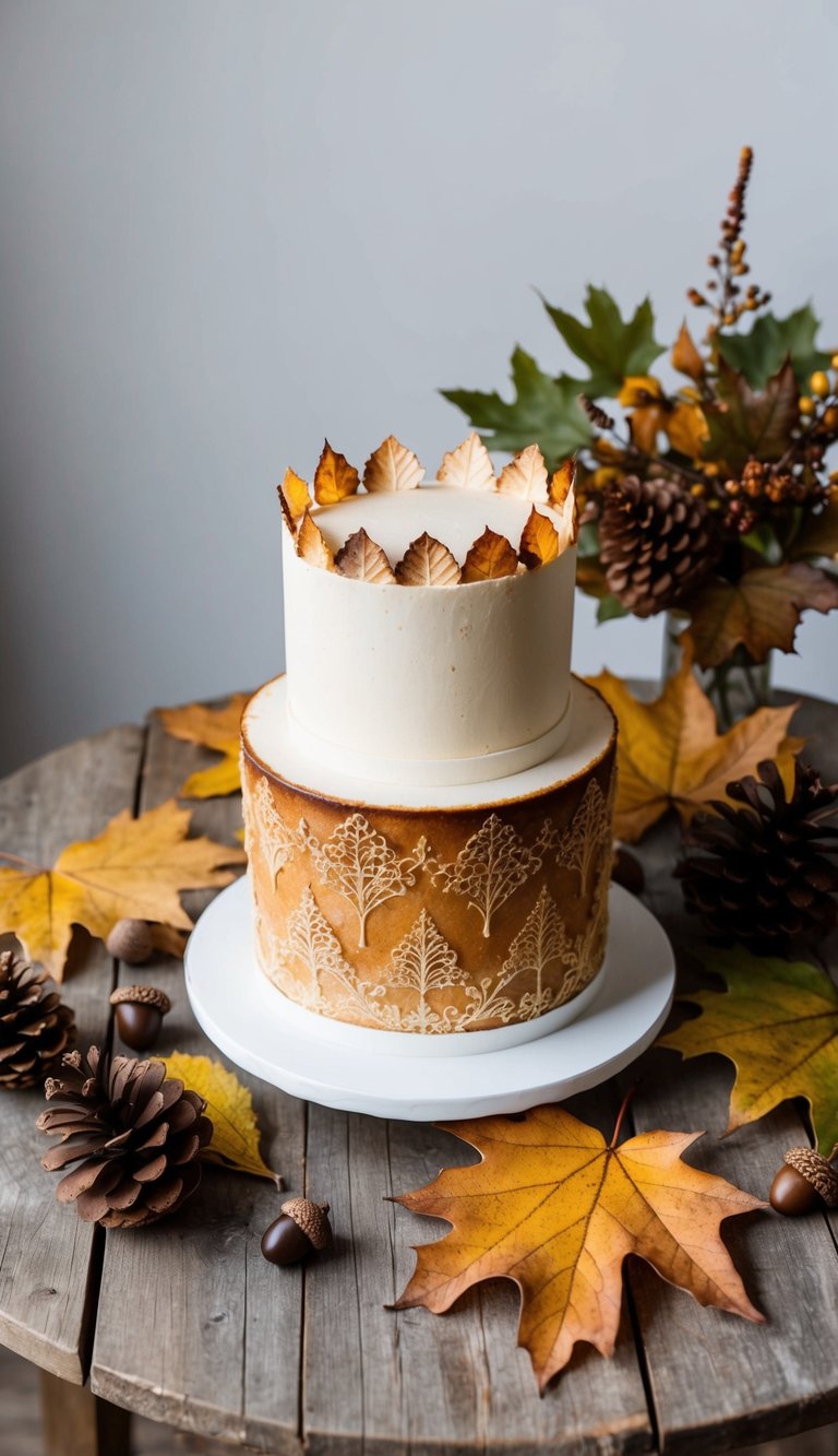 A rustic wooden table adorned with a burnt sugar lace cake surrounded by autumn leaves, pinecones, and acorns