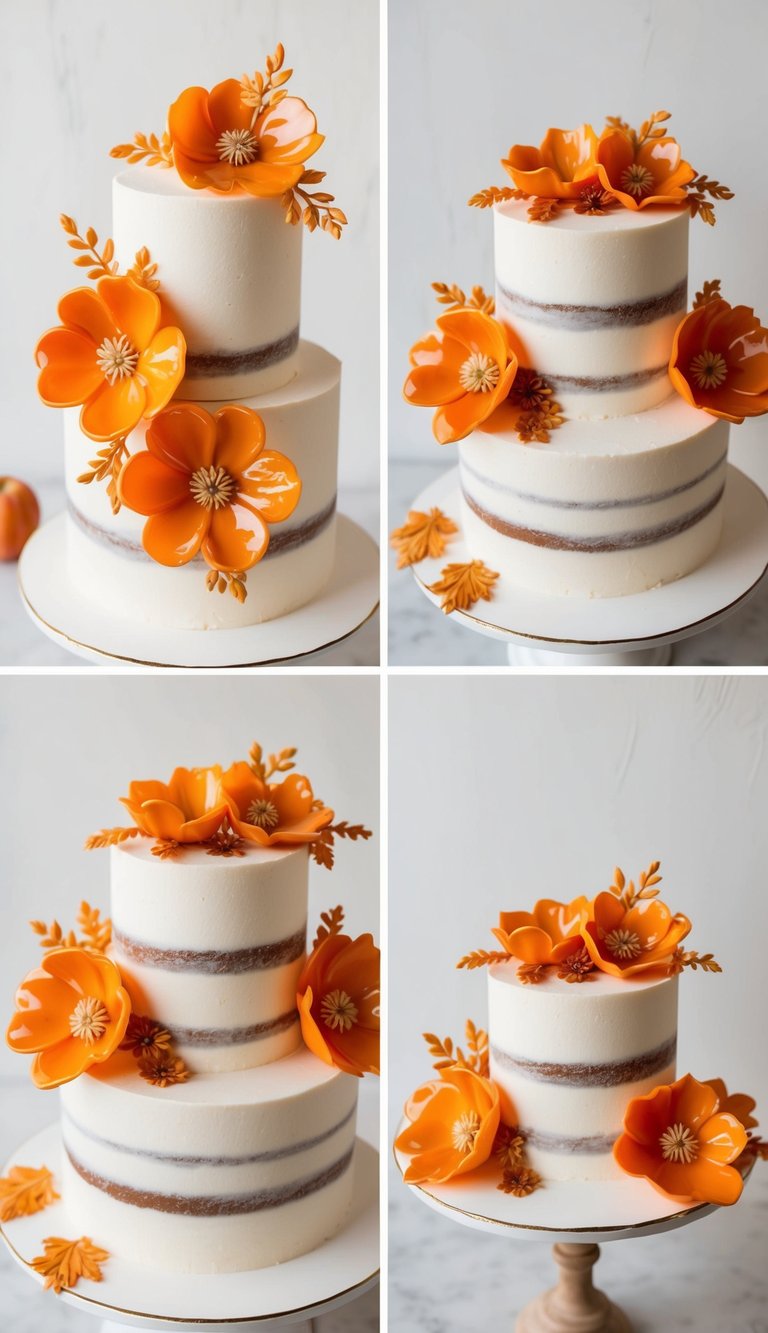 A cake adorned with apricot glaze flowers and autumn-inspired decorations