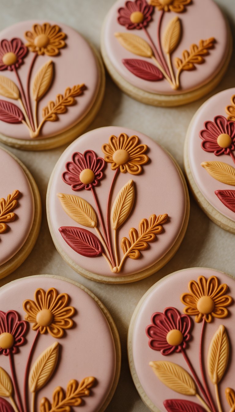 Round cookies with pink frosting, decorated with red and yellow flower designs featuring detailed petals and leaves.
