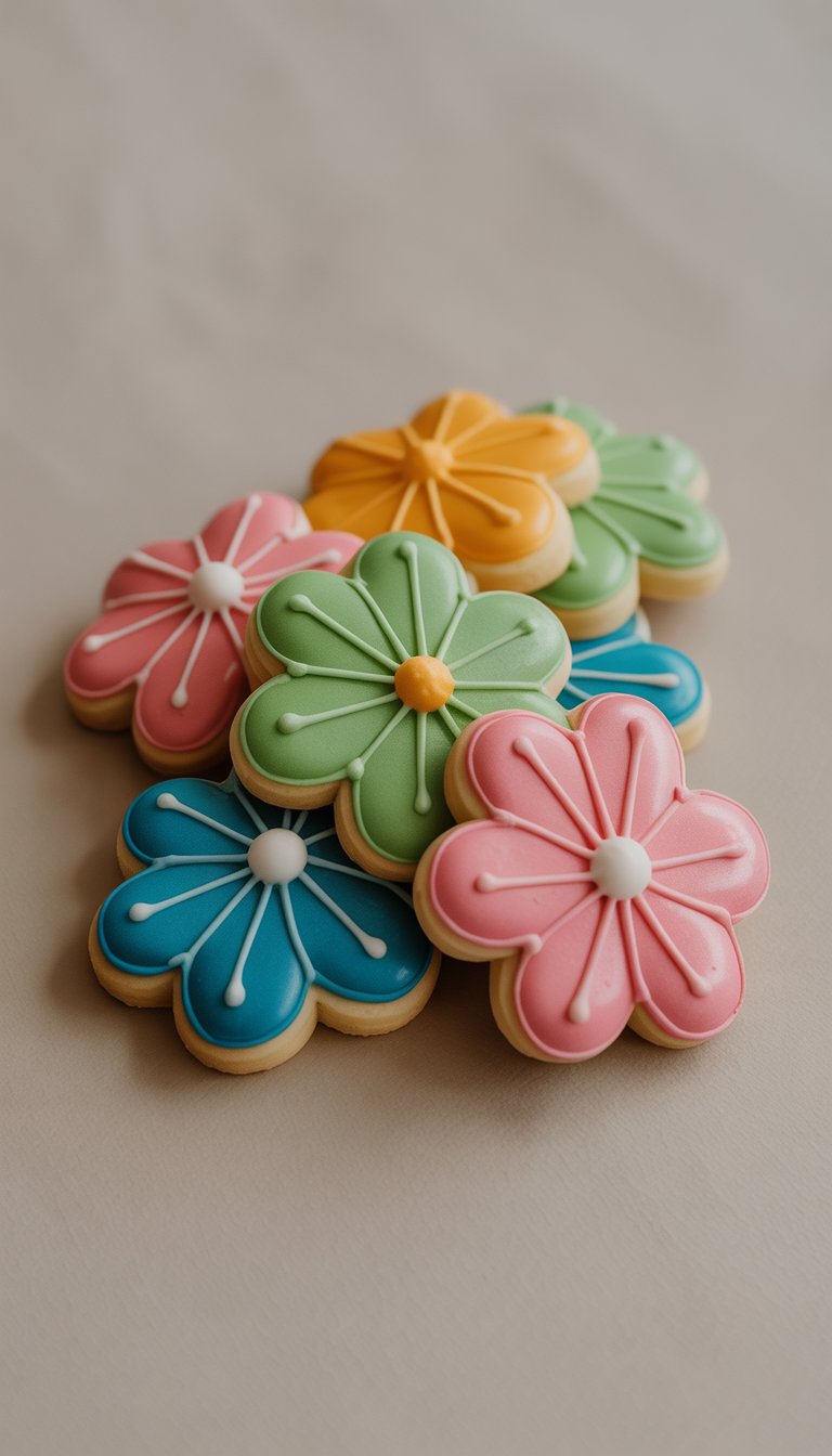 Closeup of several flower-shaped sugar cookies with colorful icing arranged on a plain background.