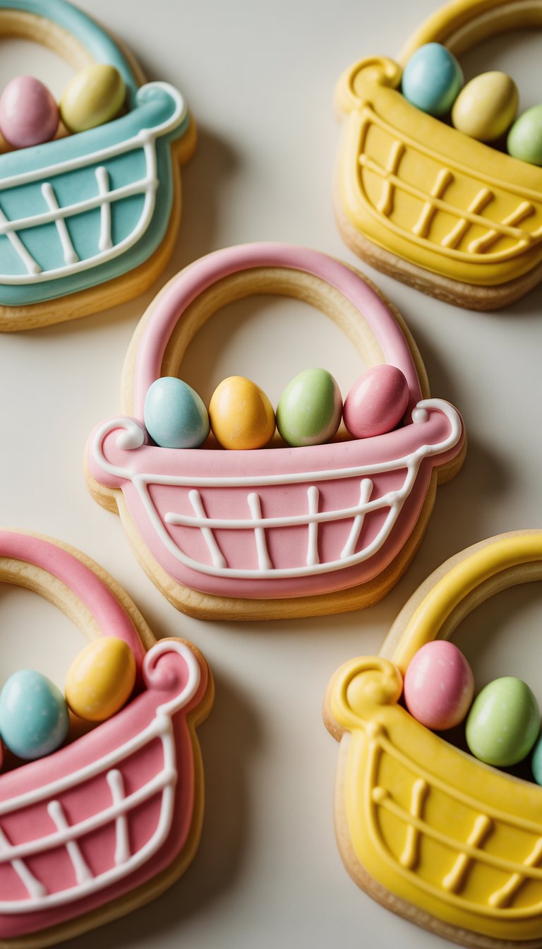 Closeup of several Easter basket sugar cookies filled with small candy eggs on a clean background.