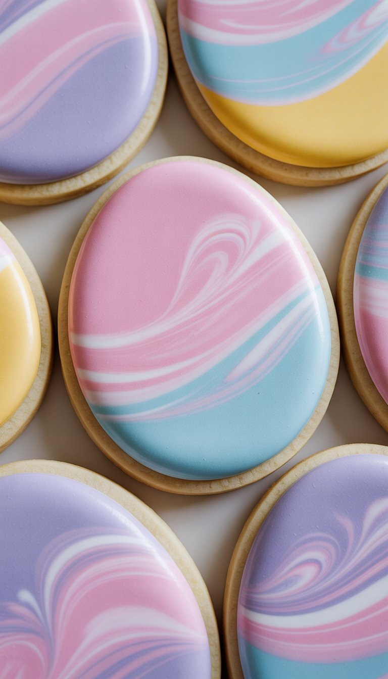 Closeup of several pastel-colored Easter egg sugar cookies with marbled icing arranged on a clean surface.