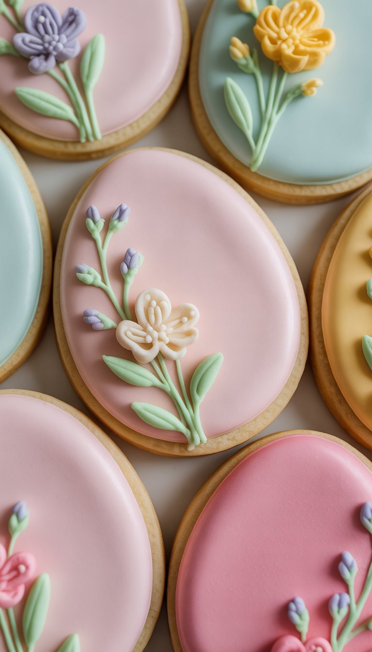 Closeup of several decorated Easter egg sugar cookies with floral designs on a clean background.
