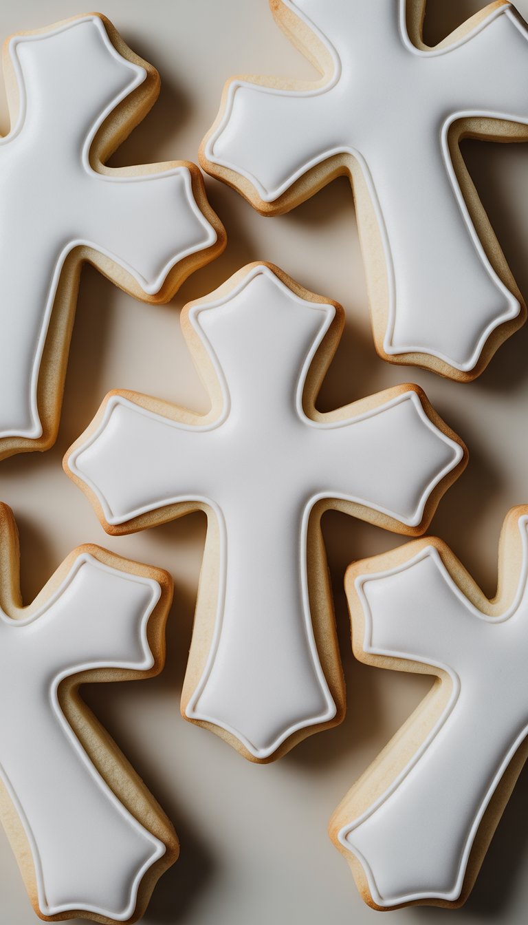 Close-up of several cross-shaped sugar cookies with white icing arranged on a clean surface.