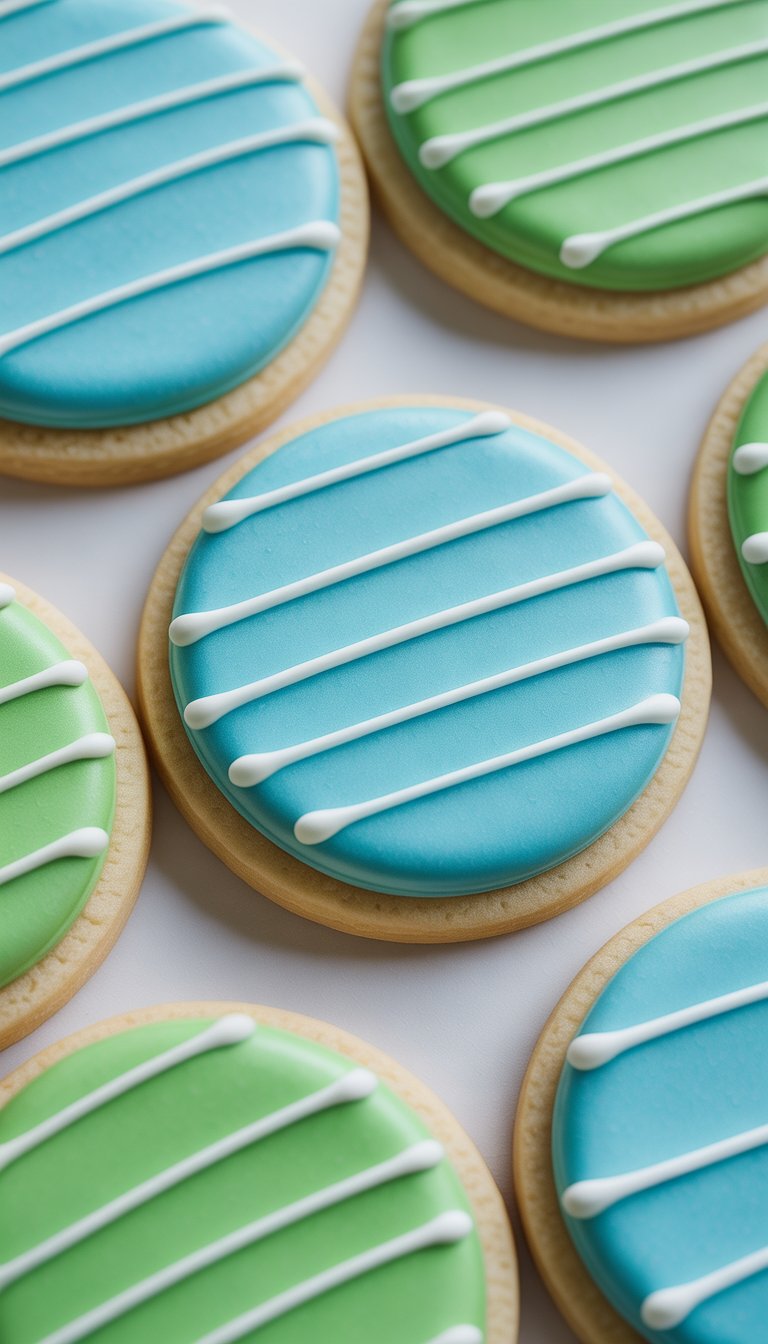 Closeup of several pastel blue and green striped sugar cookies arranged on a clean surface.