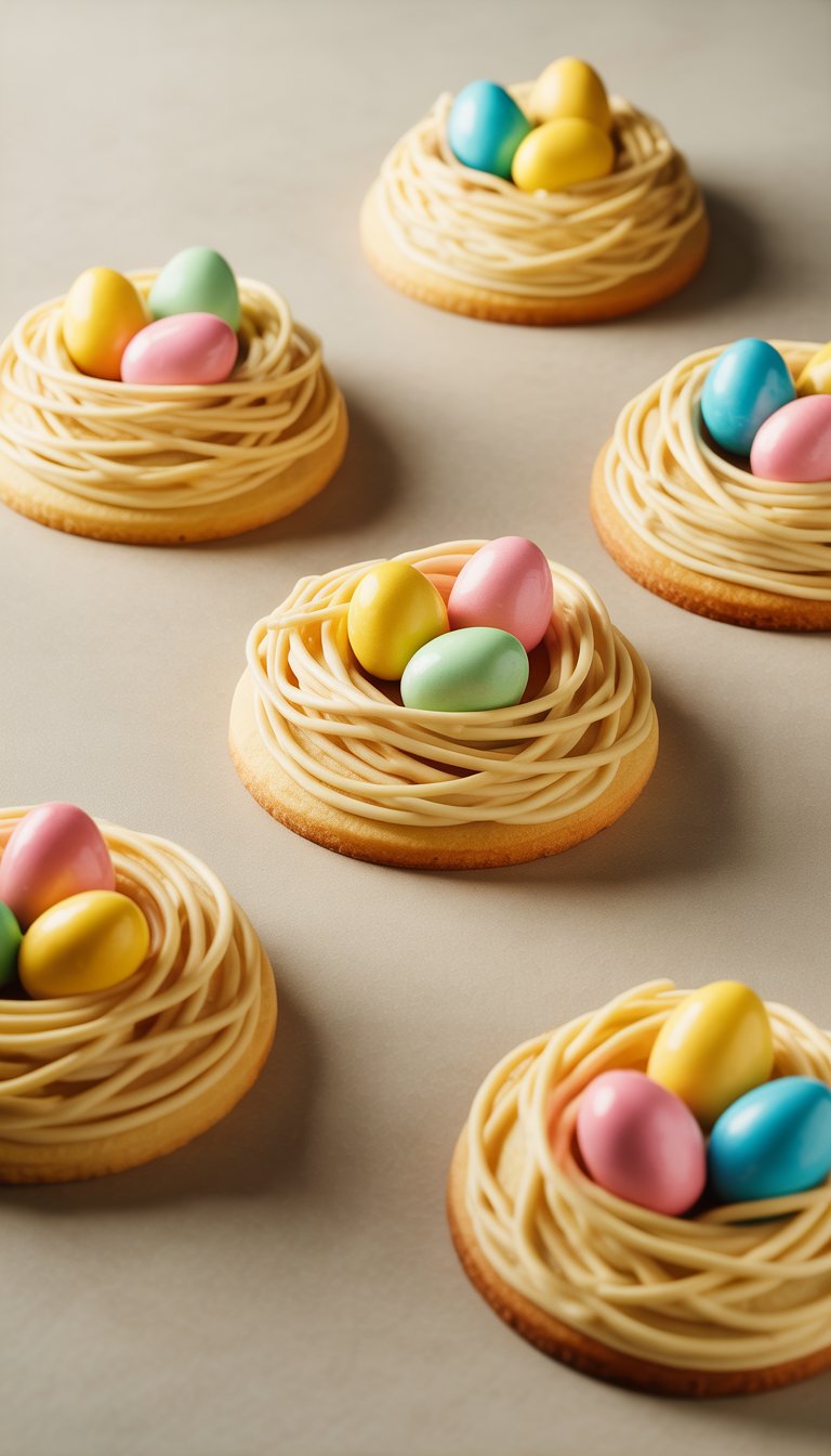 Closeup of several sugar cookies shaped like nests with colorful candy eggs on top, arranged on a clean surface.