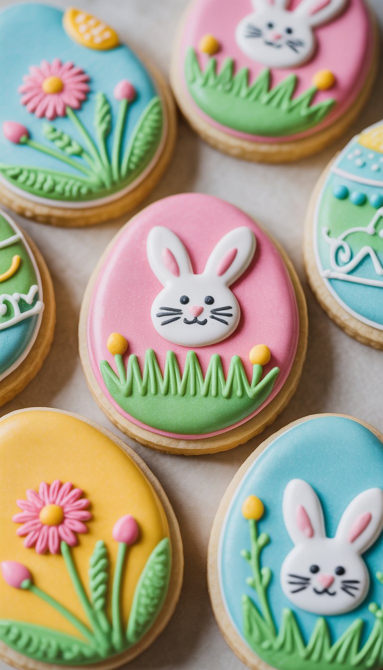 Closeup of several decorated Easter sugar cookies with spring-themed designs arranged on a clean surface.