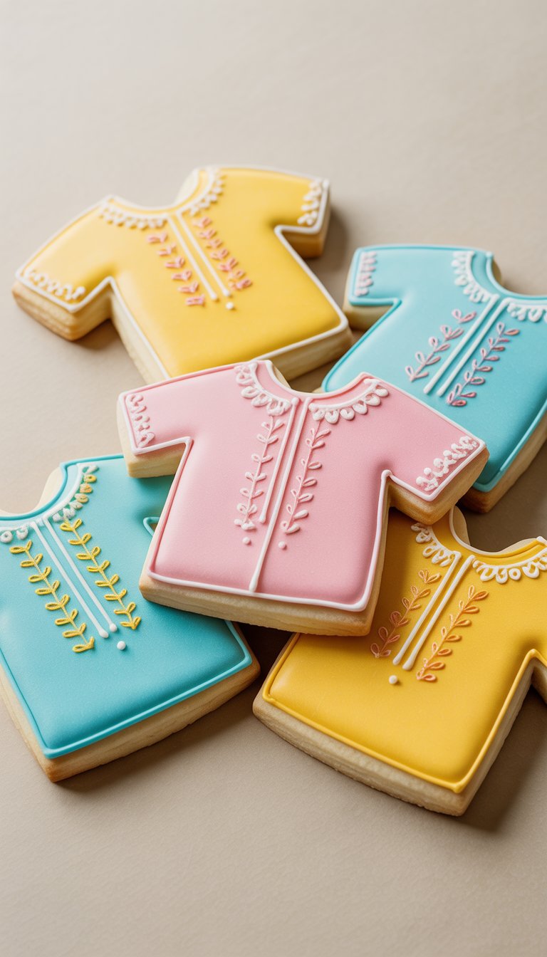 Close-up view of several sugar cookies decorated with colorful Easter shirt embroidery designs on a clean background.