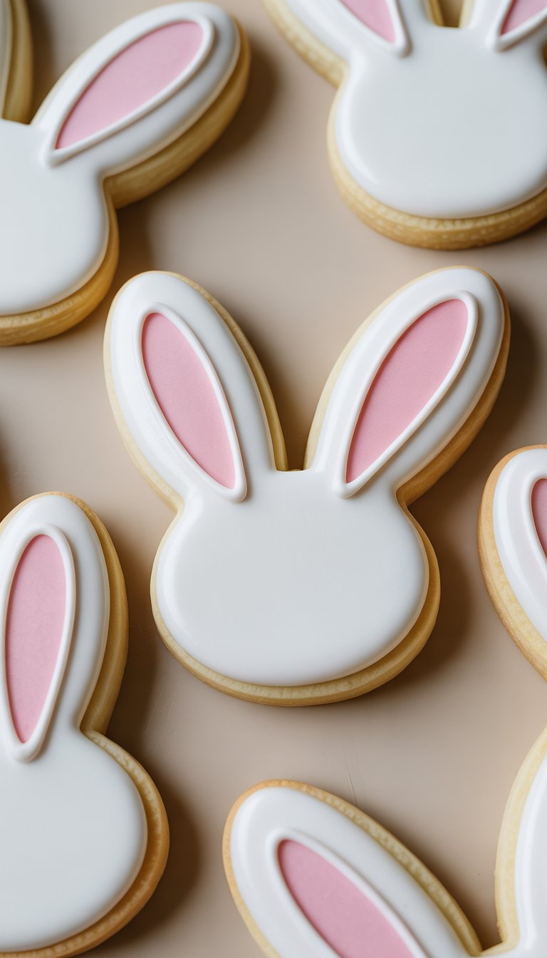 Closeup of several Easter bunny ear sugar cookies with pink inner ear icing on a clean background.