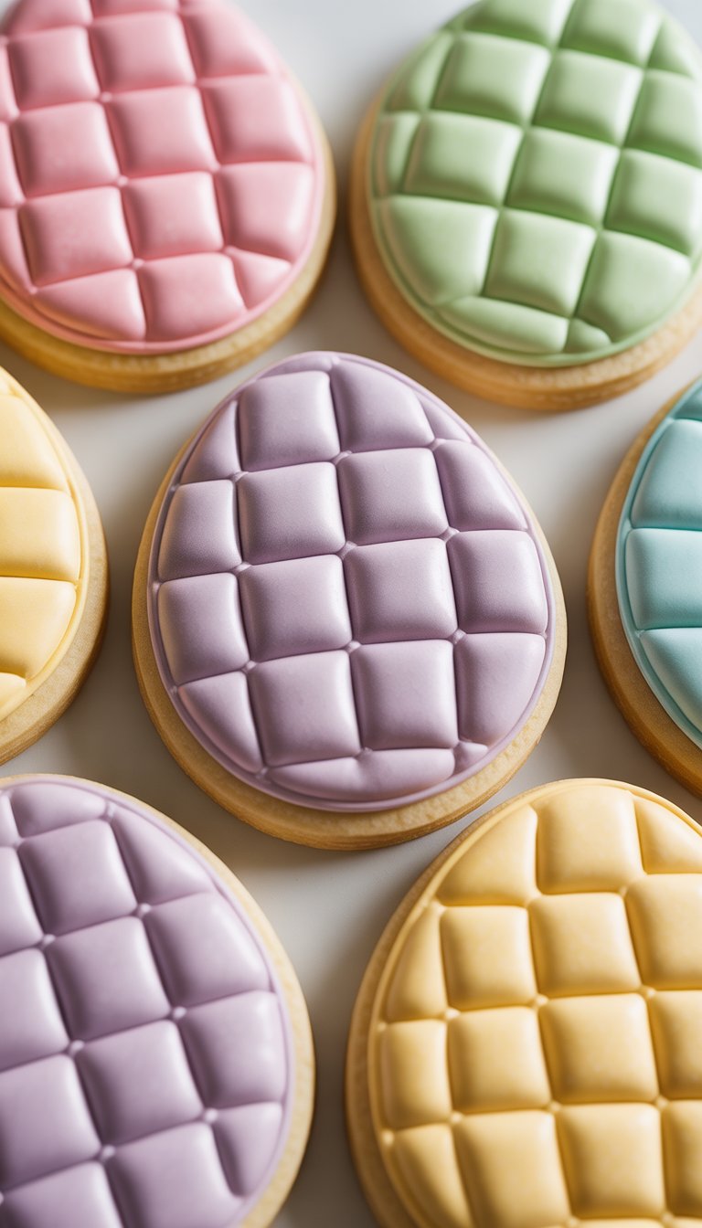 Close-up view of several pastel checkerboard Easter egg sugar cookies arranged on a plain surface.