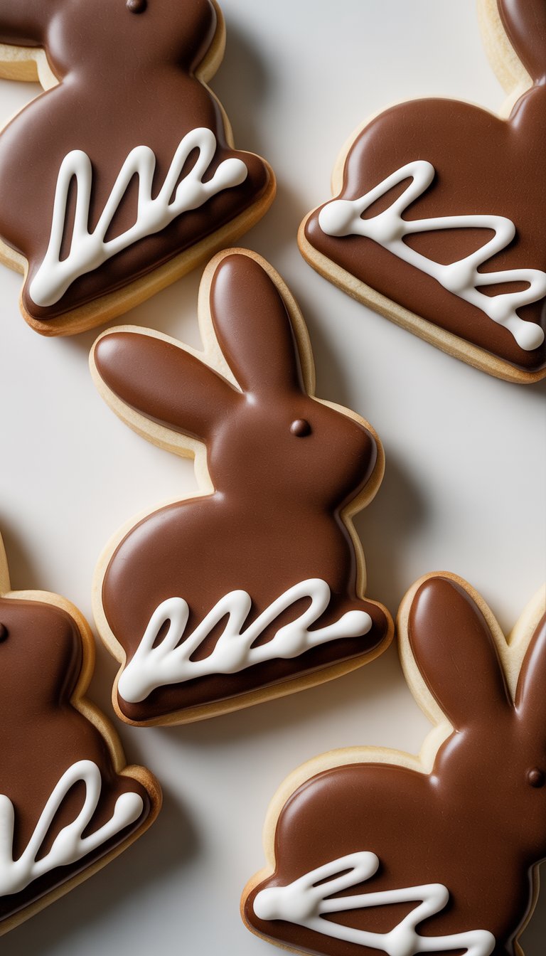 Closeup of several chocolate-dipped bunny sugar cookies with white icing drizzle on a clean background.