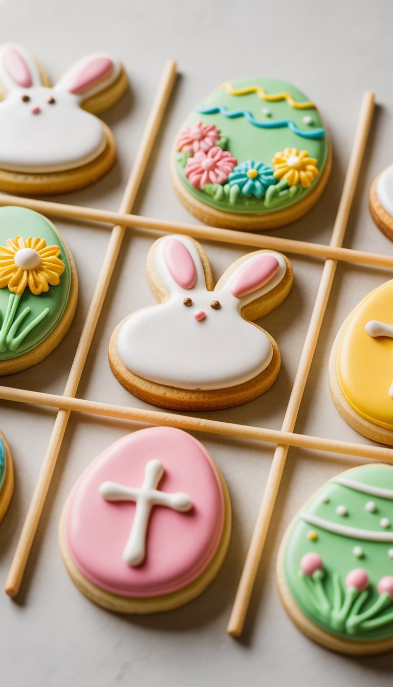 Closeup of several Easter-themed sugar cookies decorated with pastel icing, arranged as tic-tac-toe boards on a clean surface.