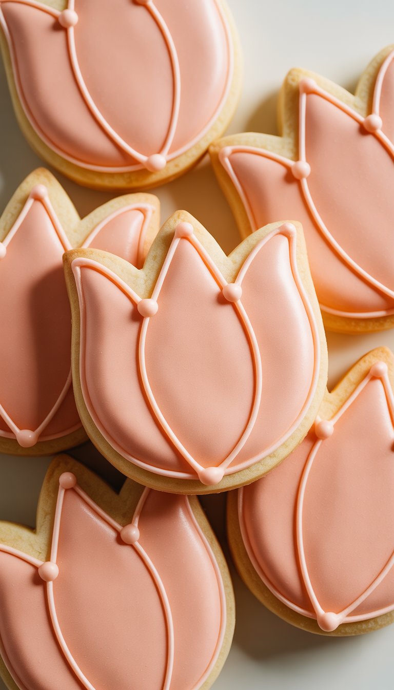 Close-up of several peach-colored tulip-shaped sugar cookies with detailed icing on a plain background.