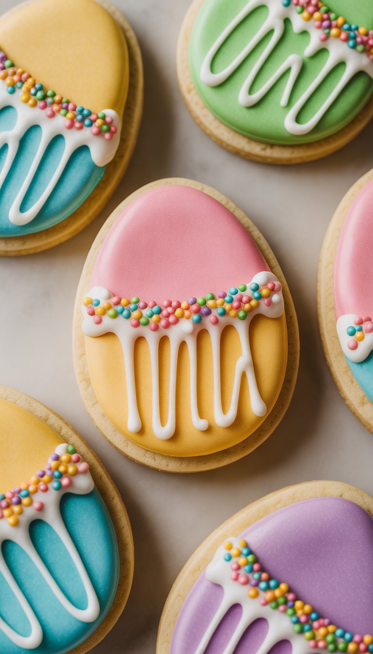 Closeup of several decorated Easter egg sugar cookies with colorful sprinkles arranged on a clean surface.