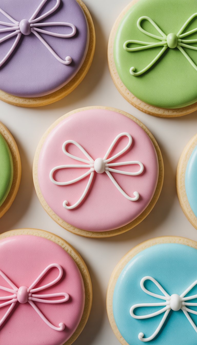 Closeup view of several sugar cookies decorated with small pastel-colored icing bows arranged on a clean surface.