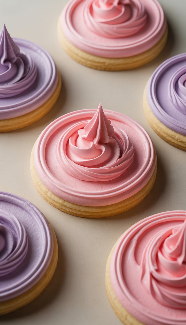 Close-up view of several decorated sugar cookies with pink and purple frosting swirls arranged on a clean surface.