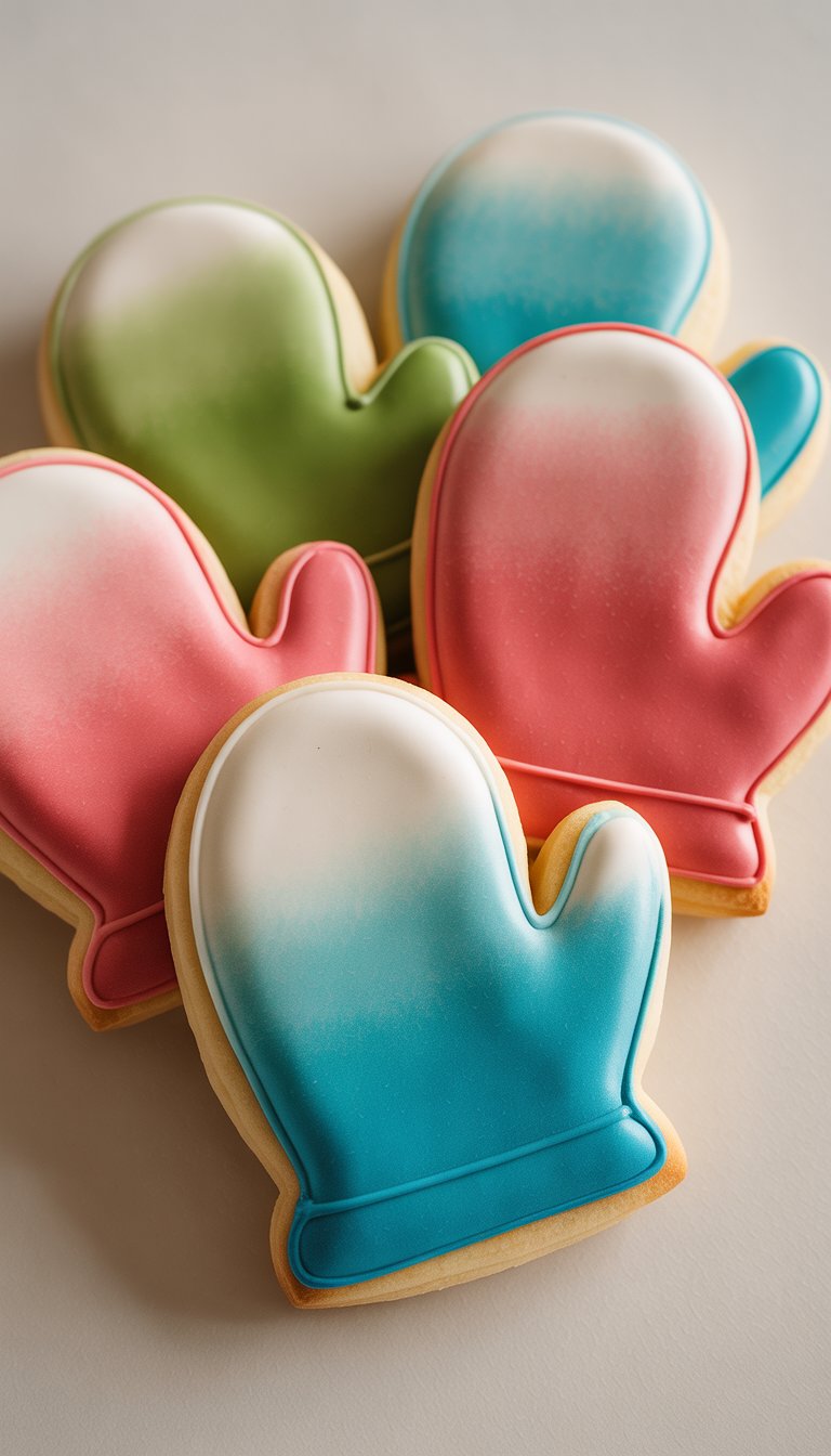 Closeup of several mitten-shaped sugar cookies decorated with smooth, colorful icing gradients on a clean background.