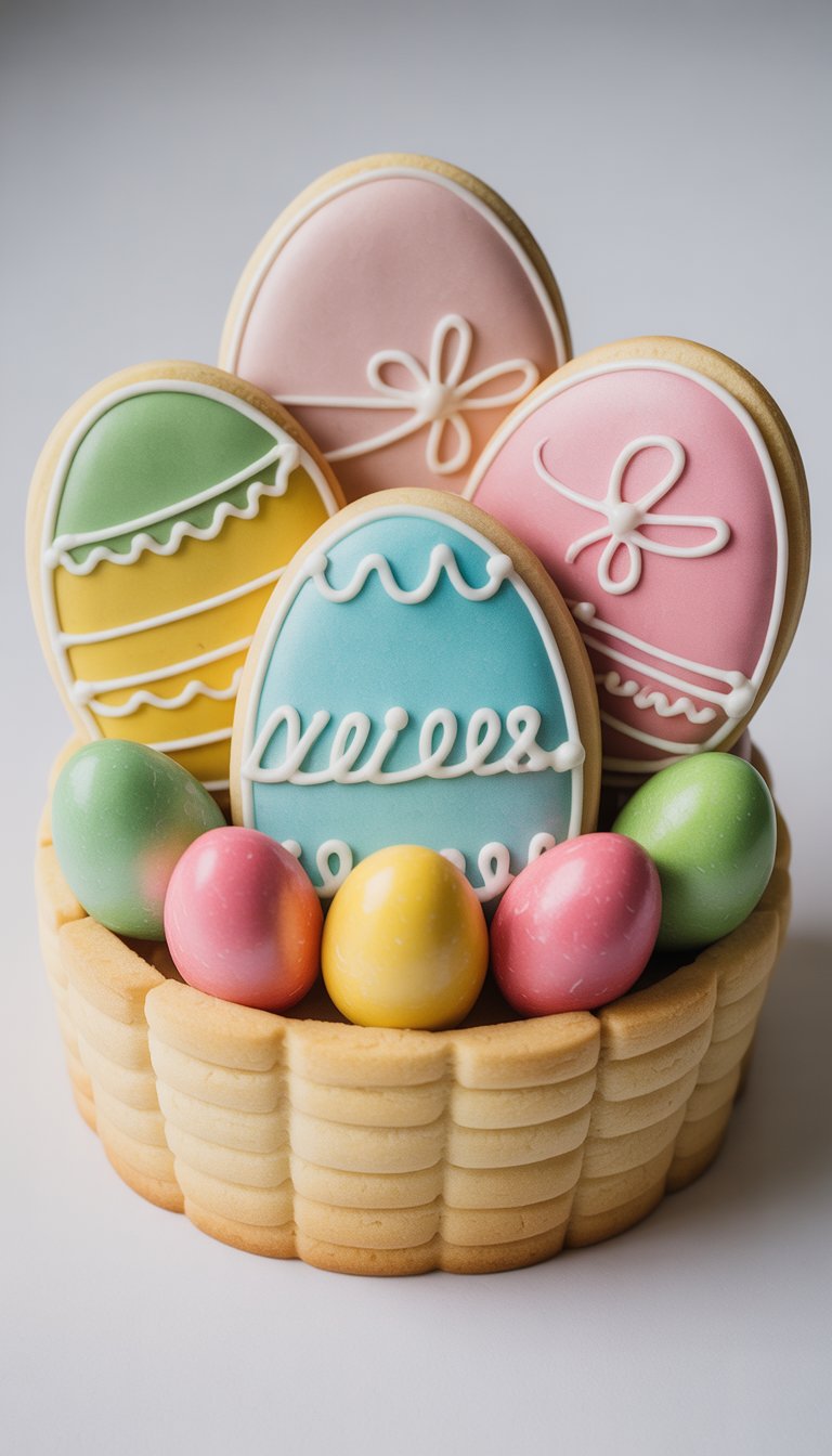 Close-up view of several decorated Easter sugar cookies arranged with candy eggs on a clean background.